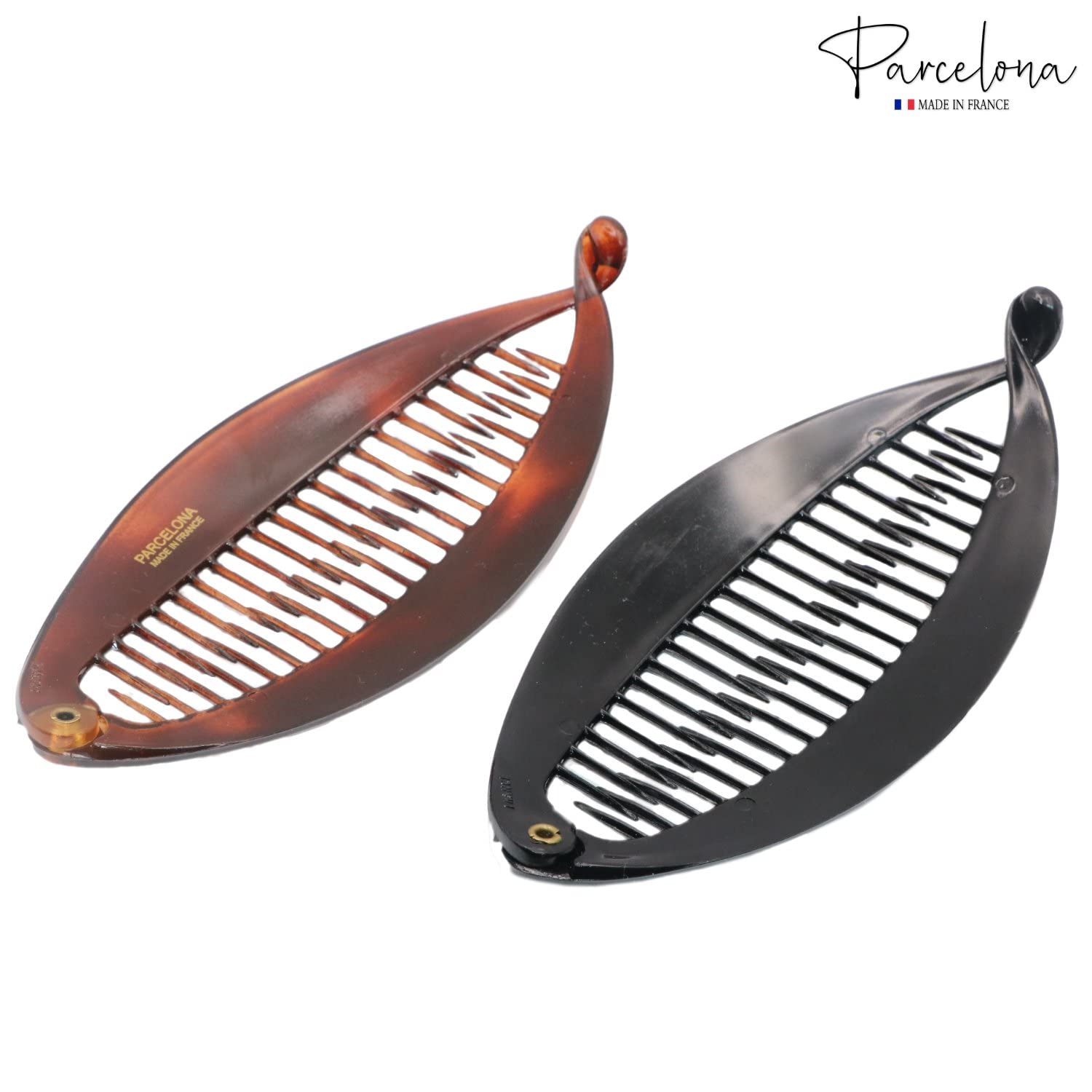 Parcelona French Fat Oval Shell and Black Large 5" Set of 2 Banana Hair Clips