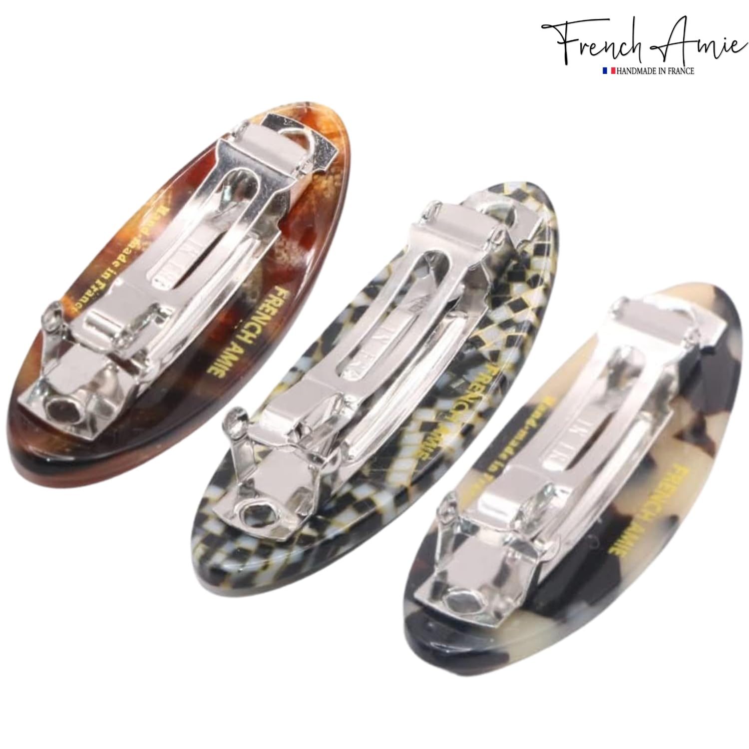 French Amie Oval Small Set of 3 Handmade Celluloid Hair Clip Barrette for Girls