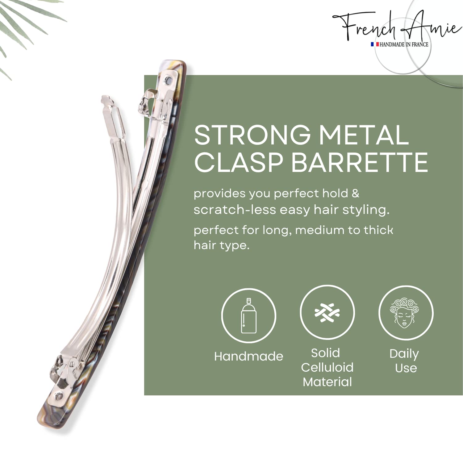 French Amie Long And Thin Large 4” Cellulose Handmade Hair Clip Barrette