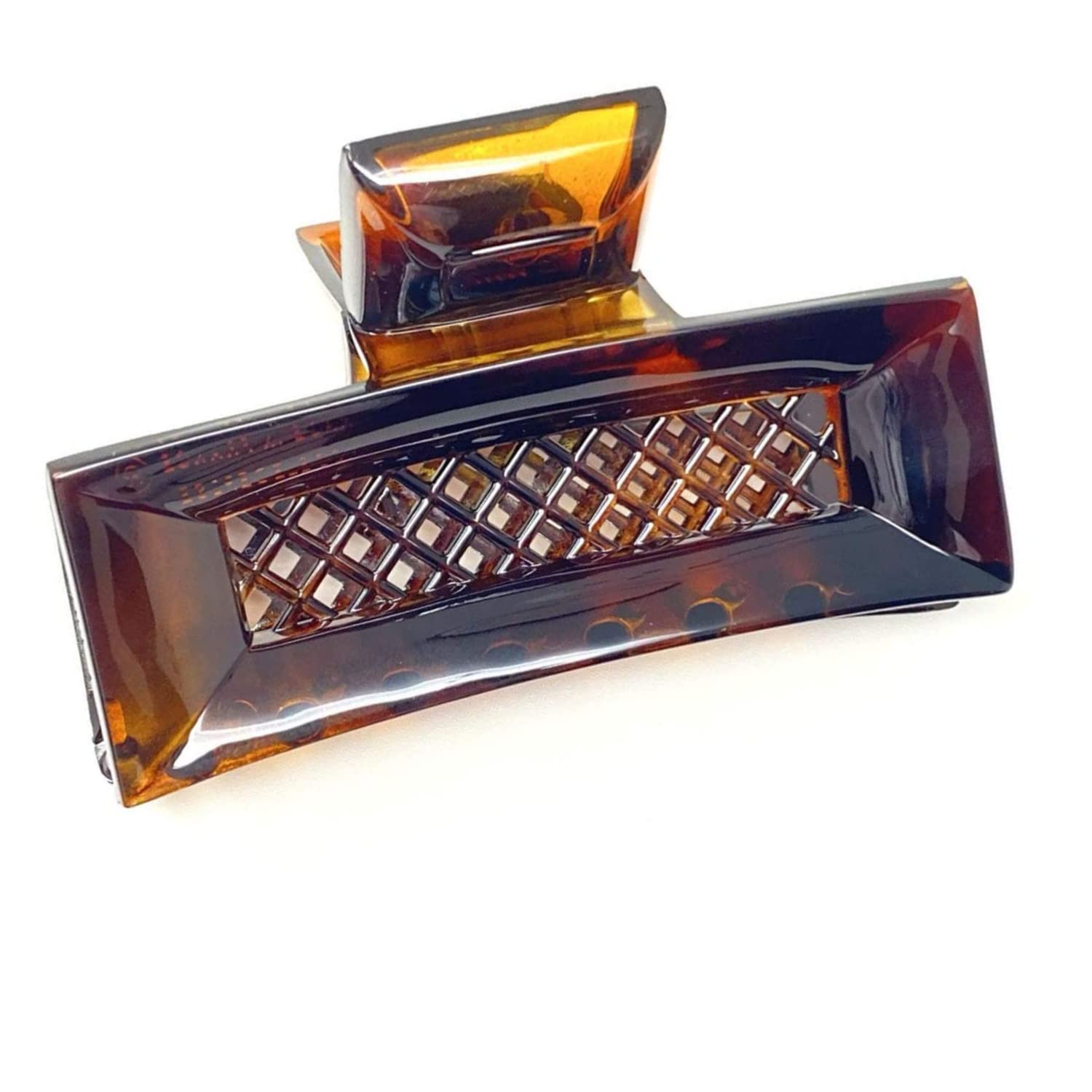 Parcelona French Crisscross Rectangle Brown Medium Cellulose Good Grip Hair Clip