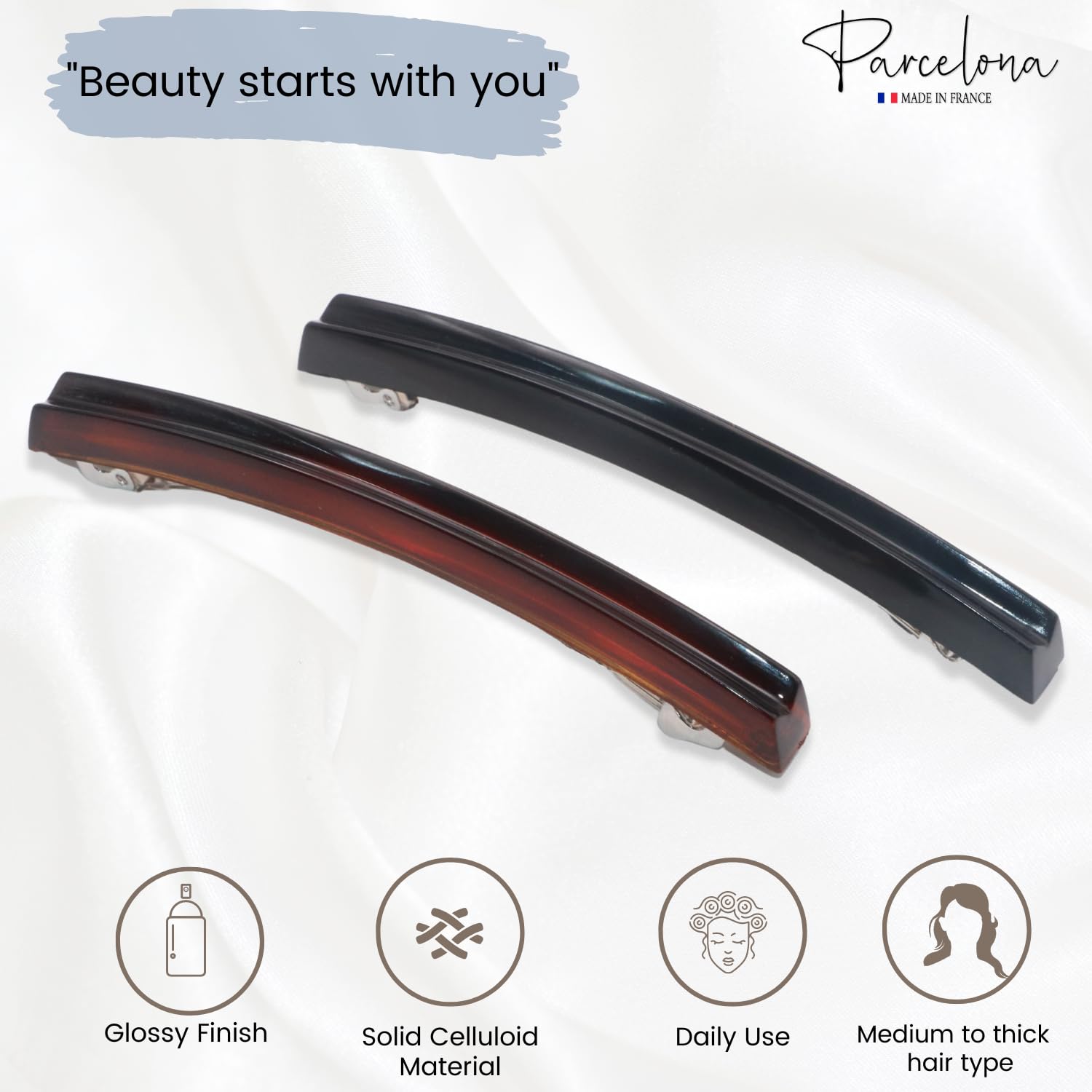 Parcelona French Sleek Groove Shell and Black Large Cellulose Hair Clips(2 Pcs)