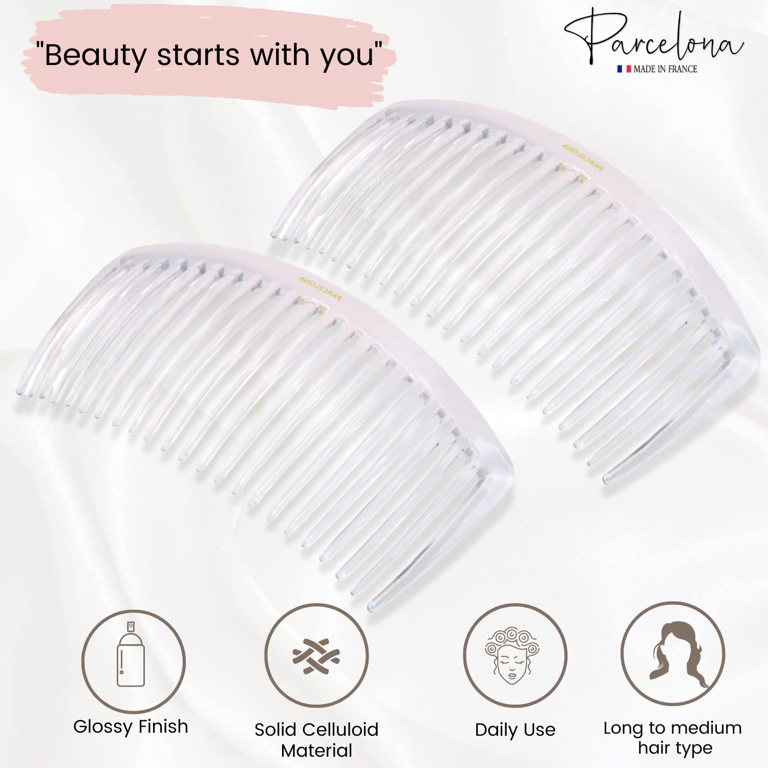 Parcelona French Glossy Large Cellulose Updo 23 Teeth Hair Side Combs(2 Pcs)