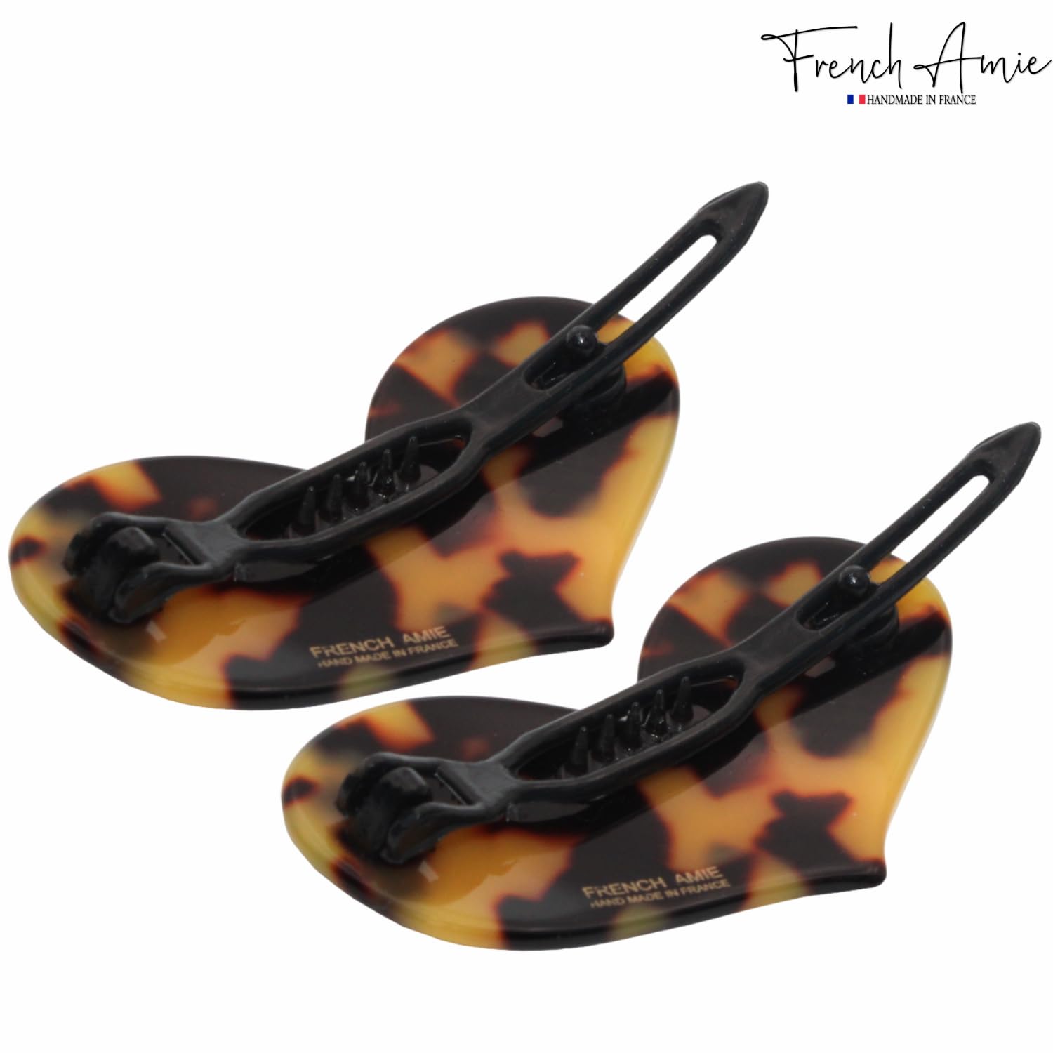 French Amie Cupid Hearts Small Celluloid Metal Free Snap Hair Clips - 2 Pcs