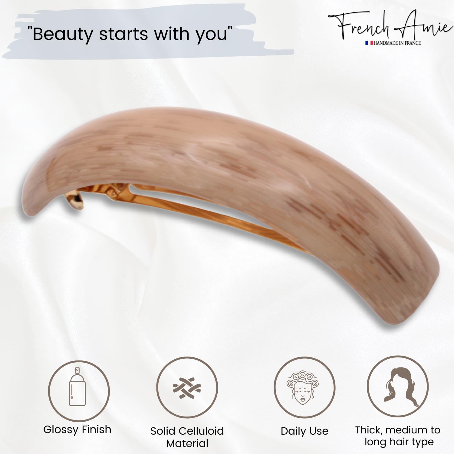 French Amie Curved Oblong Large Cellulose Handmade Hair Barrette for Women