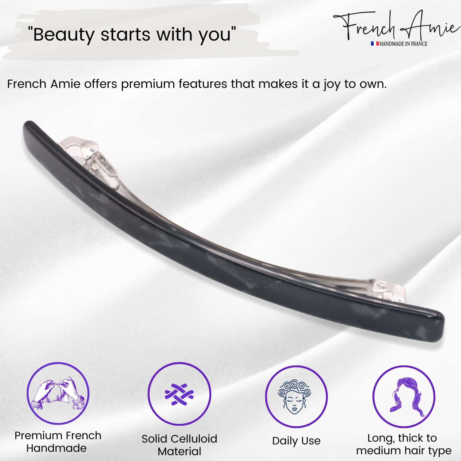 French Amie Long And Thin Large 4” Cellulose Handmade Hair Clip Barrette