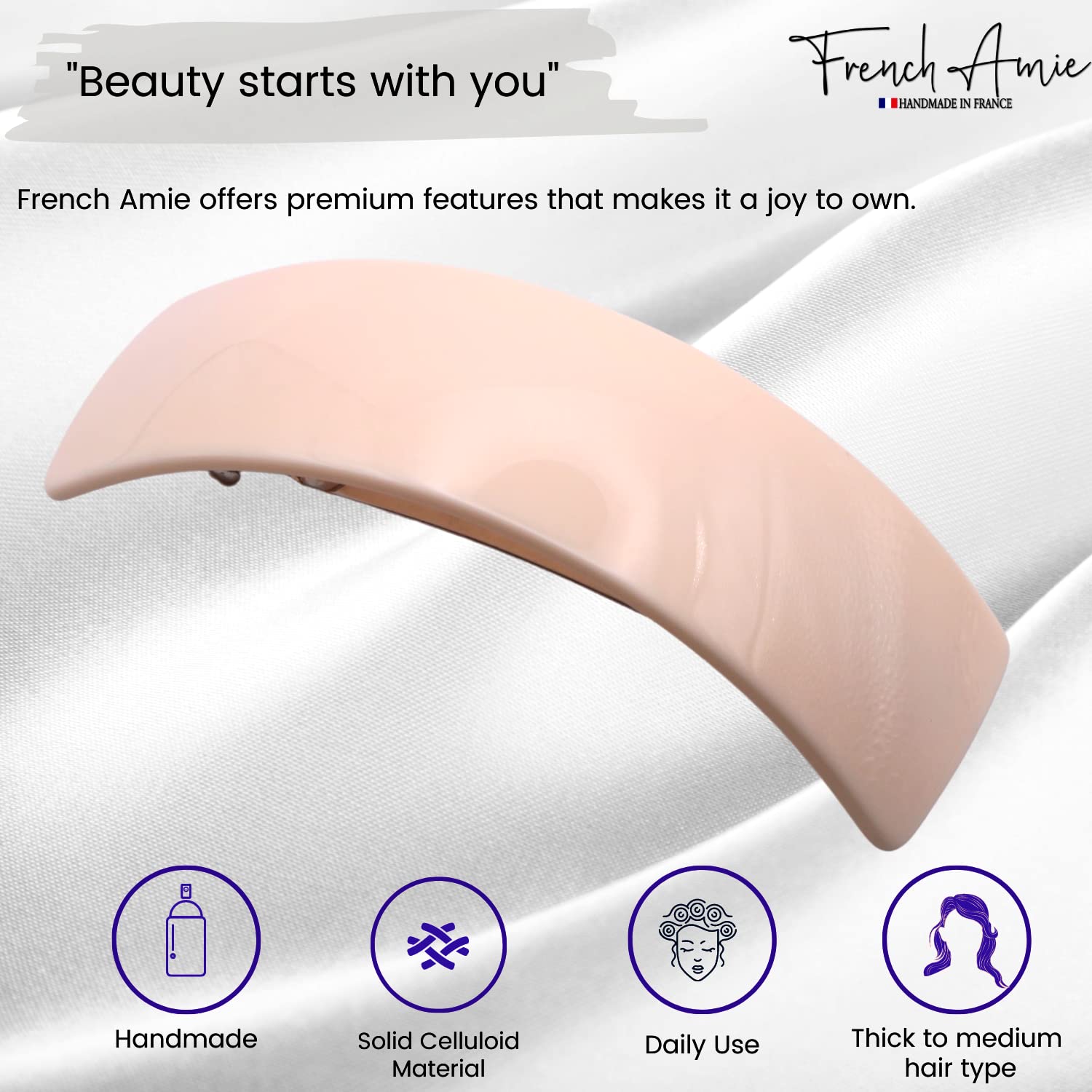 French Amie Handmade Curved Medium Automatic Strong Grip Hair Clip Barrette