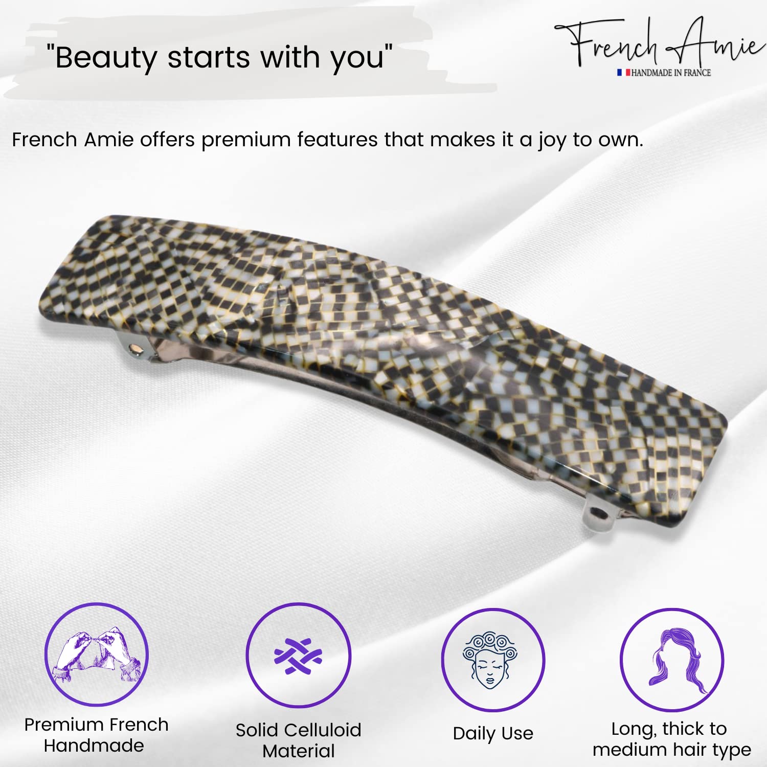 French Amie Oblong 3 1/2" Cellulose Handmade Automatic Hair Barrette for Women