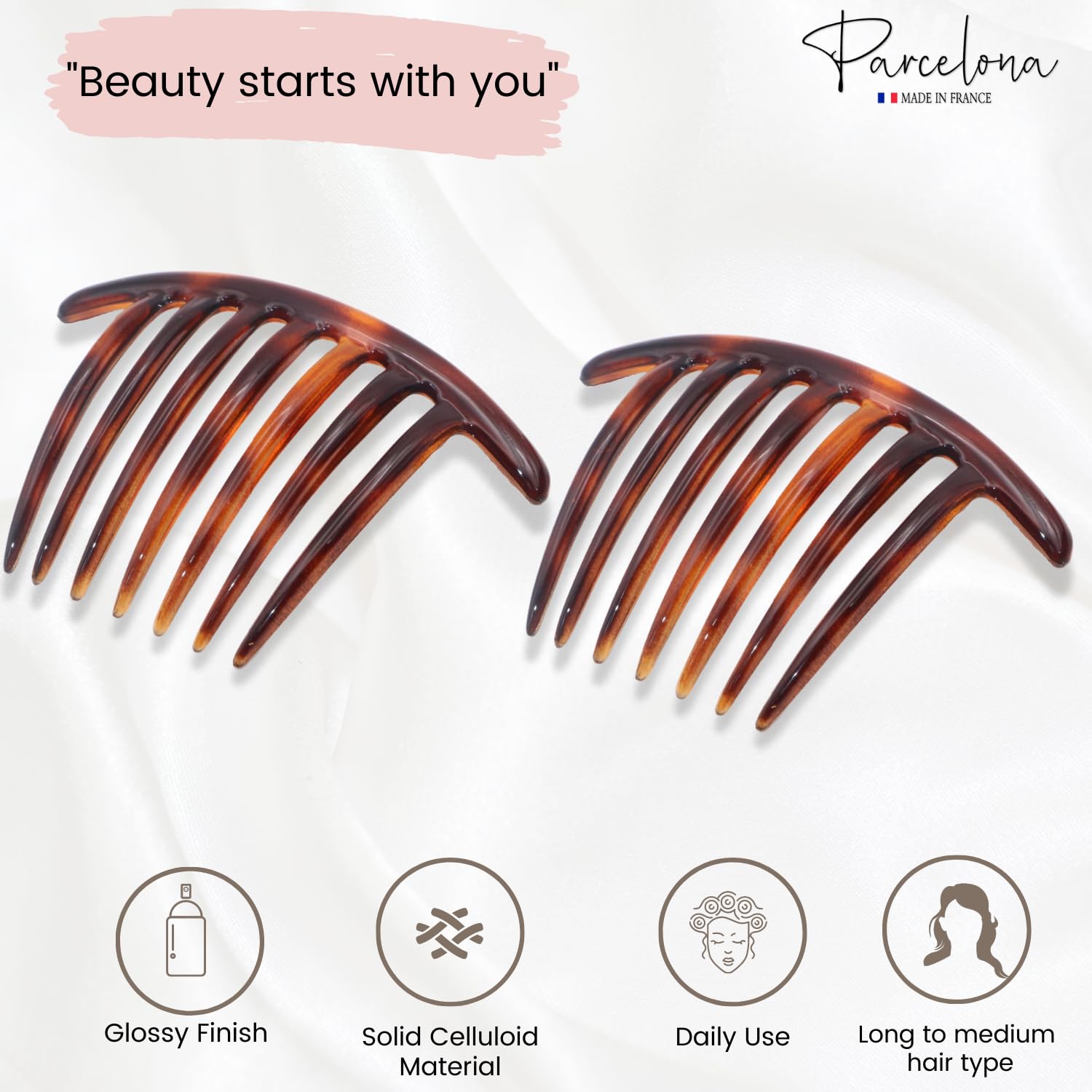 Parcelona French Twist 7 Teeth Large Cellulose Side Hair Combs for Women(2 Pcs)