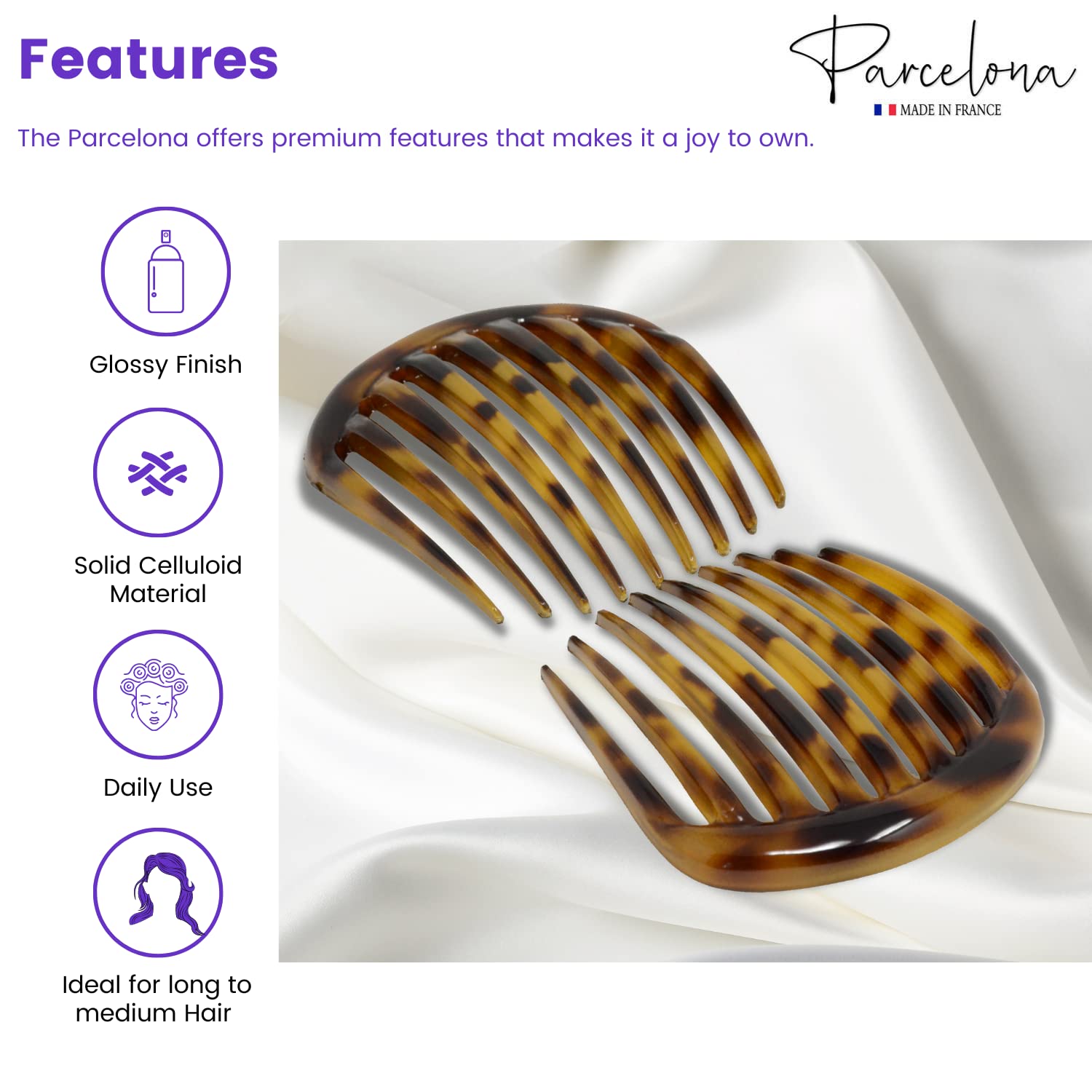 Parcelona French Smooth Edge Cellulose Acetate Hair Side Combs for Women (2 Pcs)