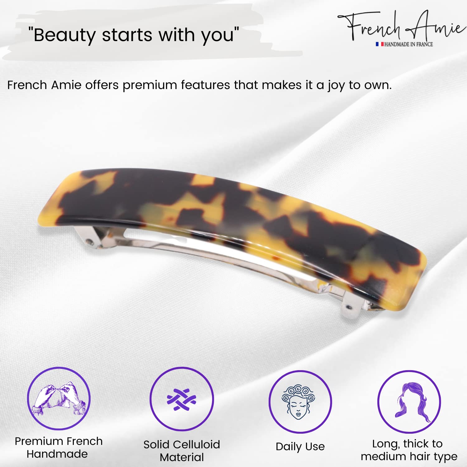 French Amie Oblong 3 1/2" Cellulose Handmade Automatic Hair Barrette for Women