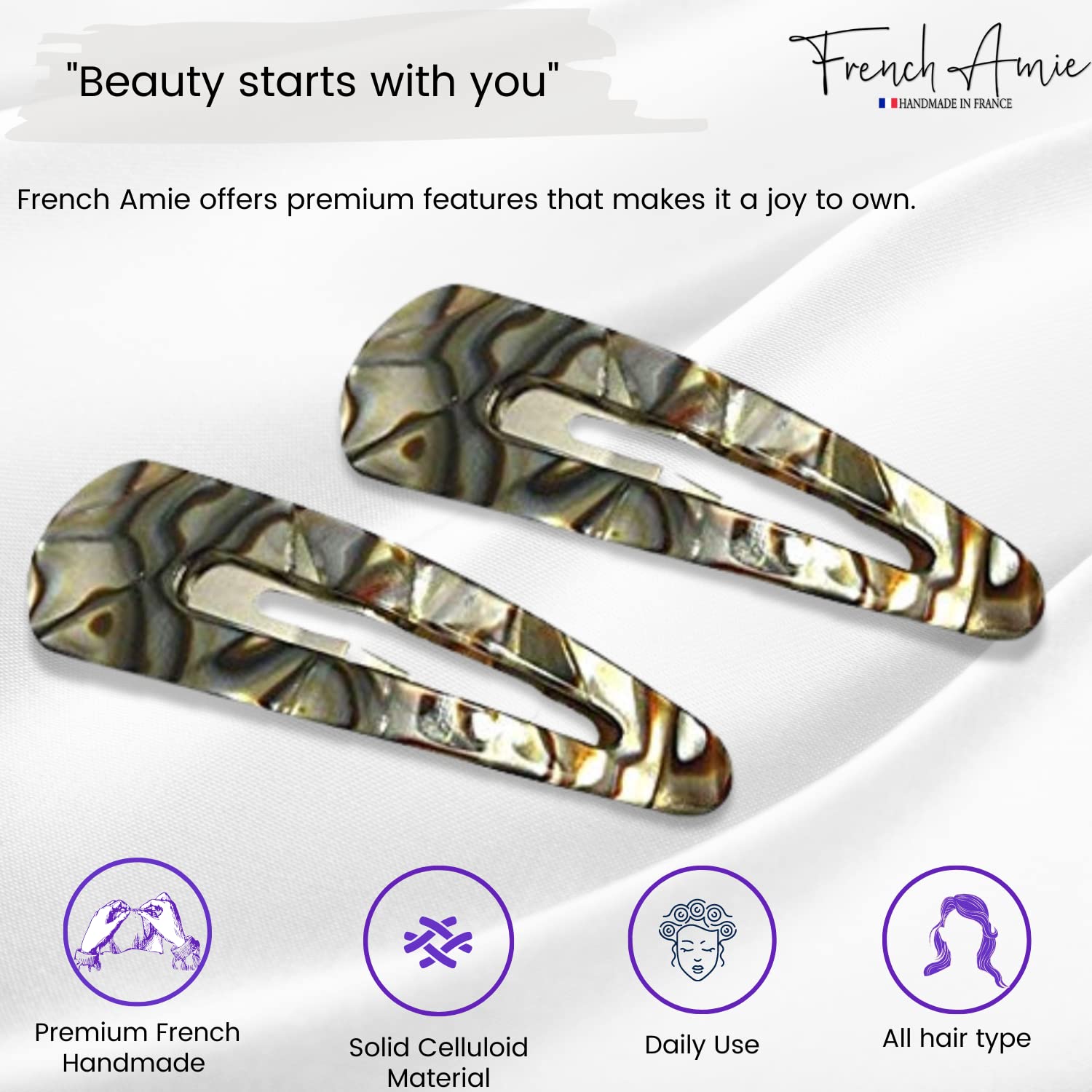 French Amie Clic Clac Large Handmade Cellulose Snap Hair Pins for Women(2 Pcs)