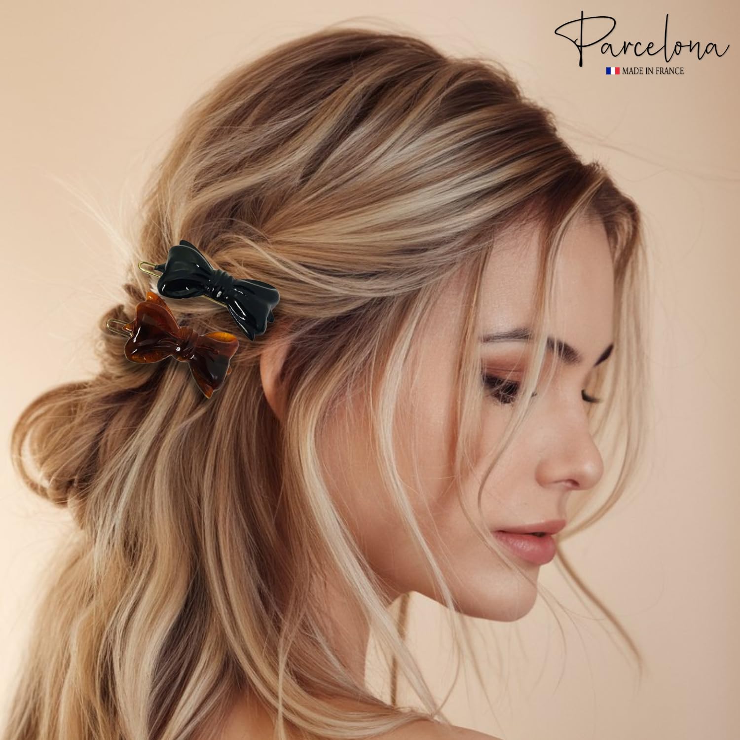 Parcelona French Ribbon Bow Small Cellulose Side Hair Barrettes for Women & Girls