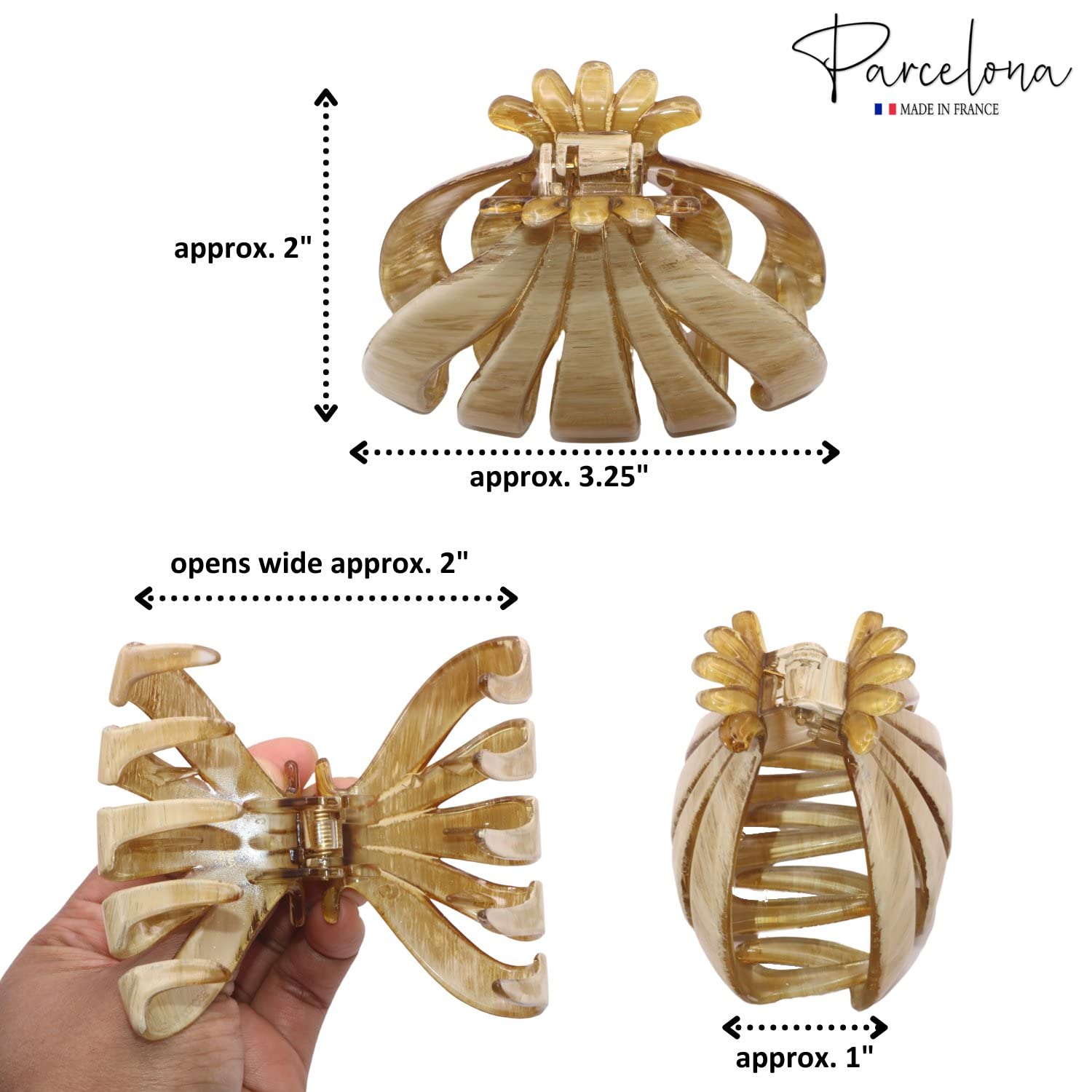 Parcelona French Fleur Medium 3.25" Wide Teeth Cellulose Hair Claw for Women