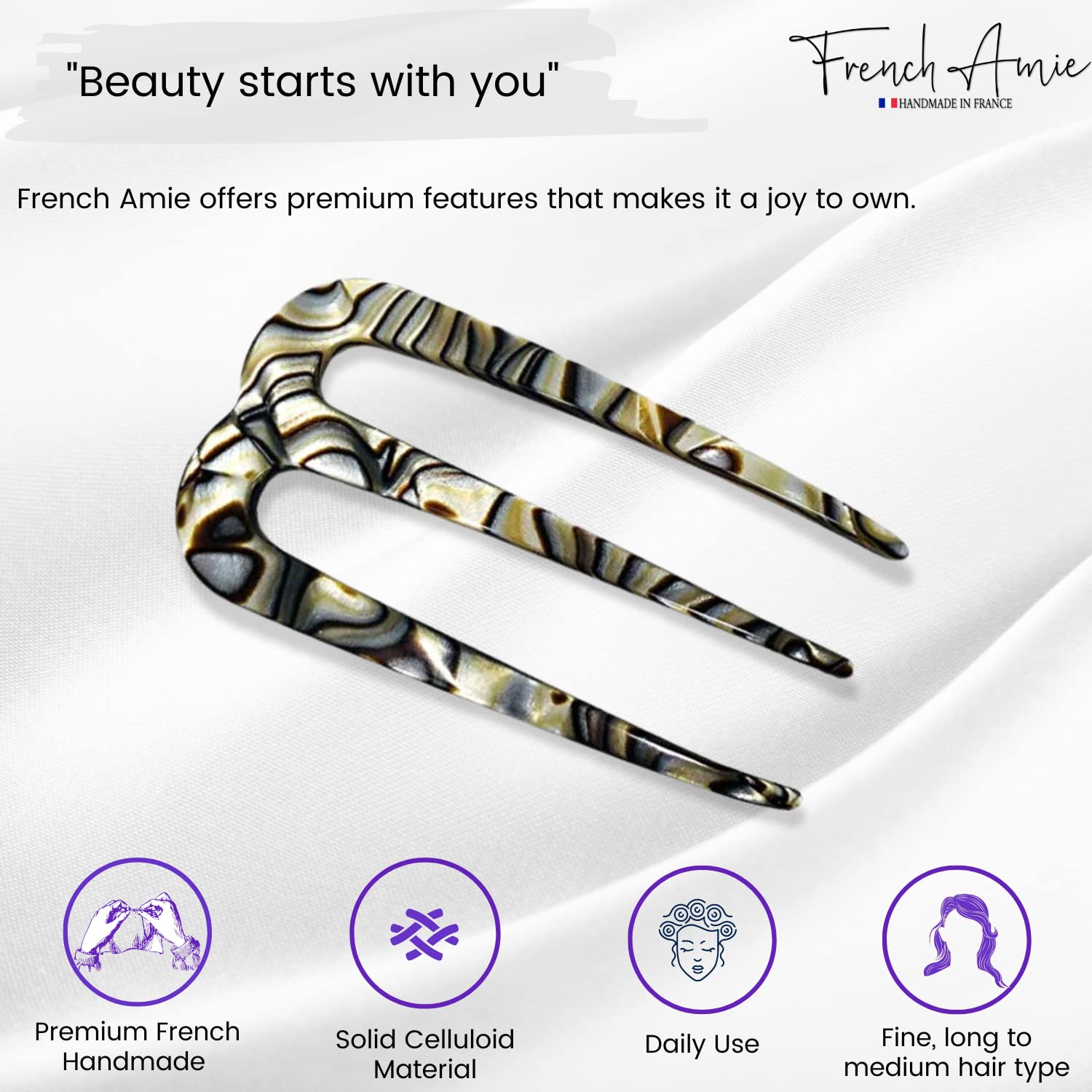 French Amie Tri Prongs 3" Medium Handmade Cellulose Bun Holder Women Hair Pin