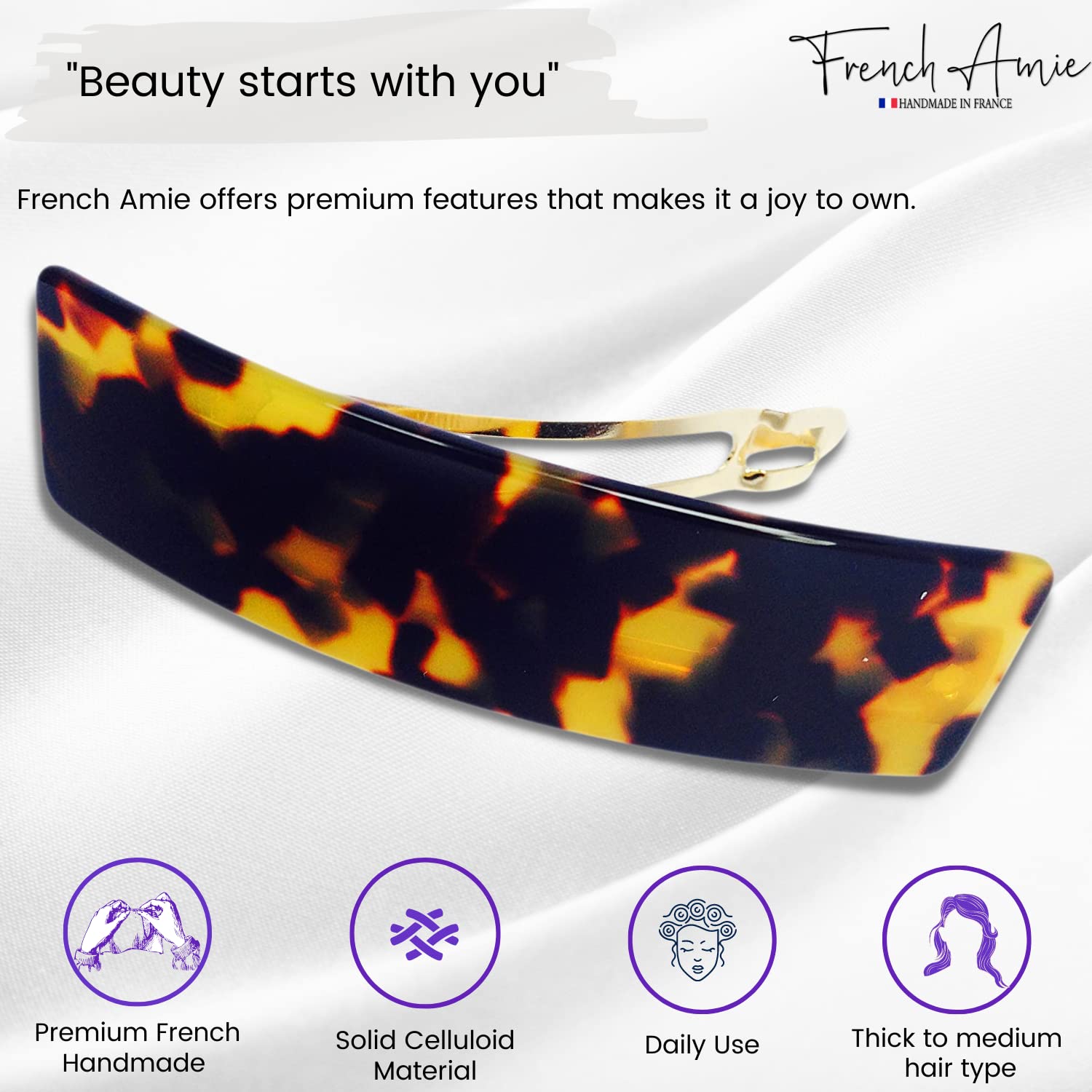 French Amie Fine Wide Rectangular 3" Cellulose Acetate Handmade Hair Clip Barrette