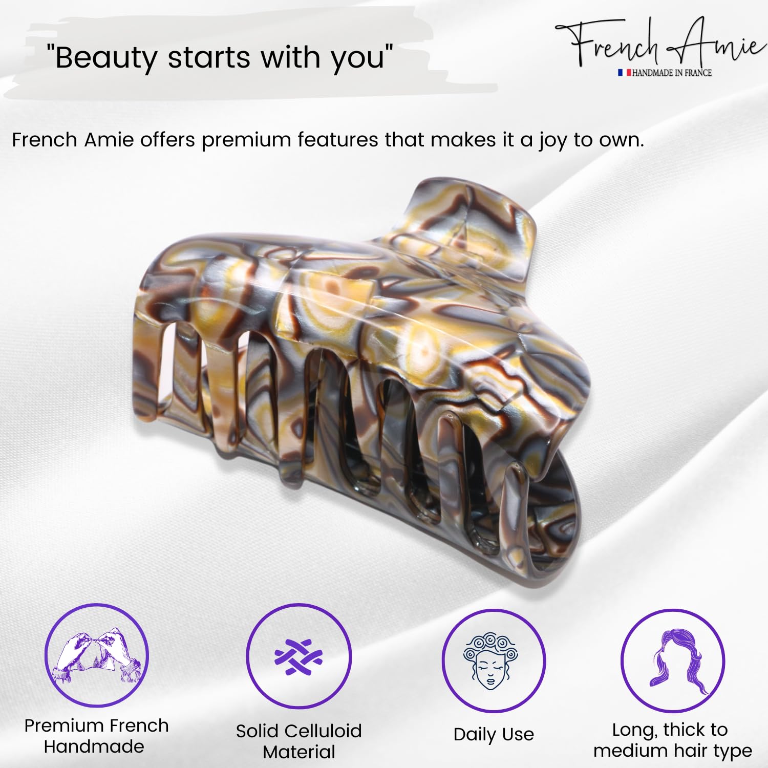 French Amie Tubular Wide Large Handmade Cellulose Jaw Hair Claw for Women