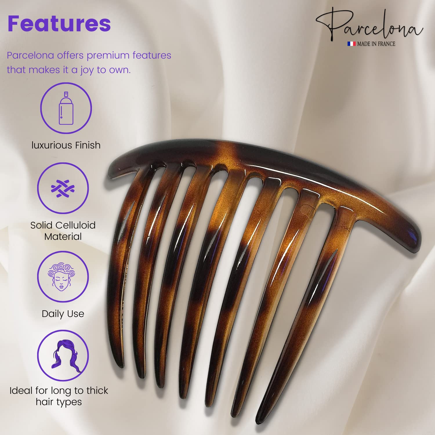 Parcelona French Twist Large Shell 7 Teeth Celluloid Side Hair Combs(3 Pcs)