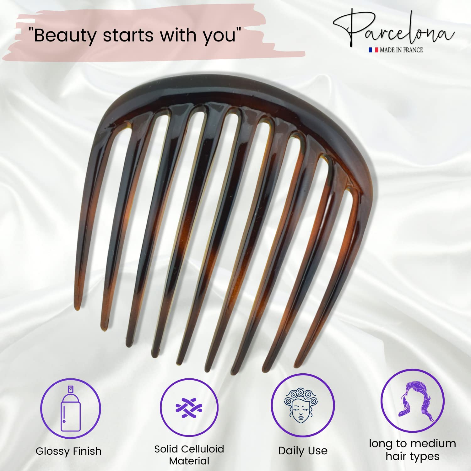 Parcelona French Smooth Edge Cellulose Acetate Hair Side Combs for Women (2 Pcs)