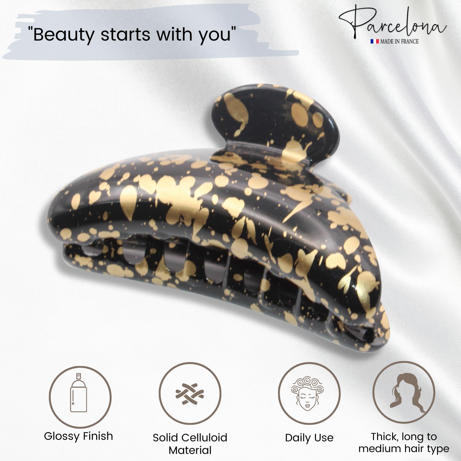 Parcelona French Couture Medium Black N Golden Cellulose Jaw Hair Claw for Women