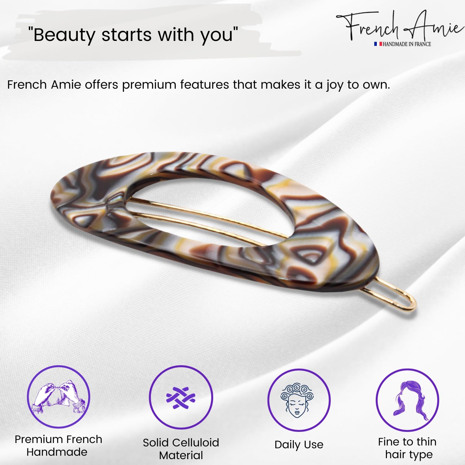 French Amie Oval Small 2 1/4” Cellulose Hair Barrette for Women