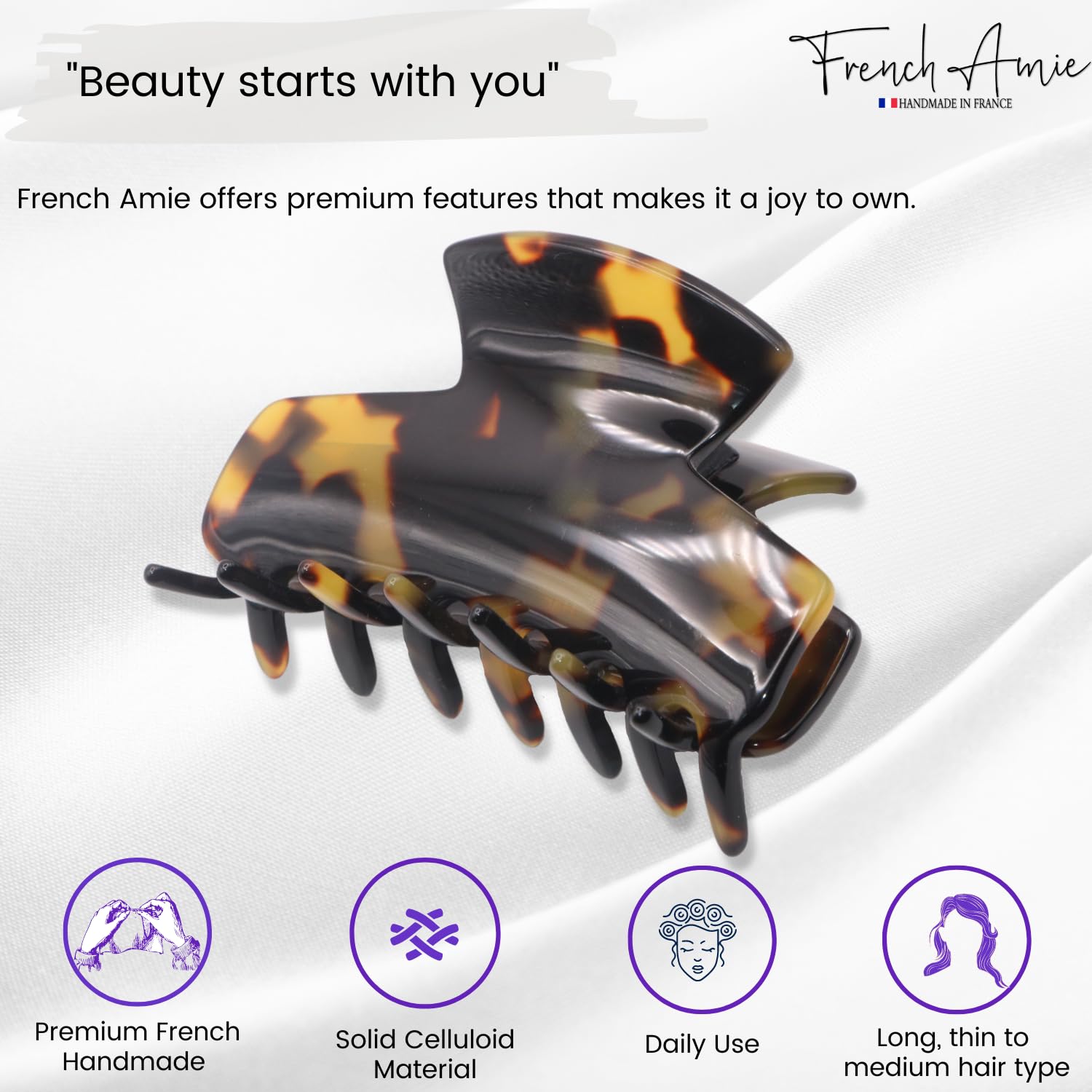 French Amie Chic Medium 2 1/4 Inch Handmade Cellulose Jaw Hair Claw