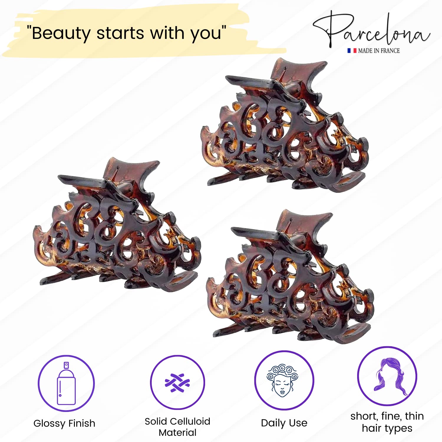 Parcelona French Beau Mini Cellulose Jaw Hair Claws for Women and Girls(3 Pcs)
