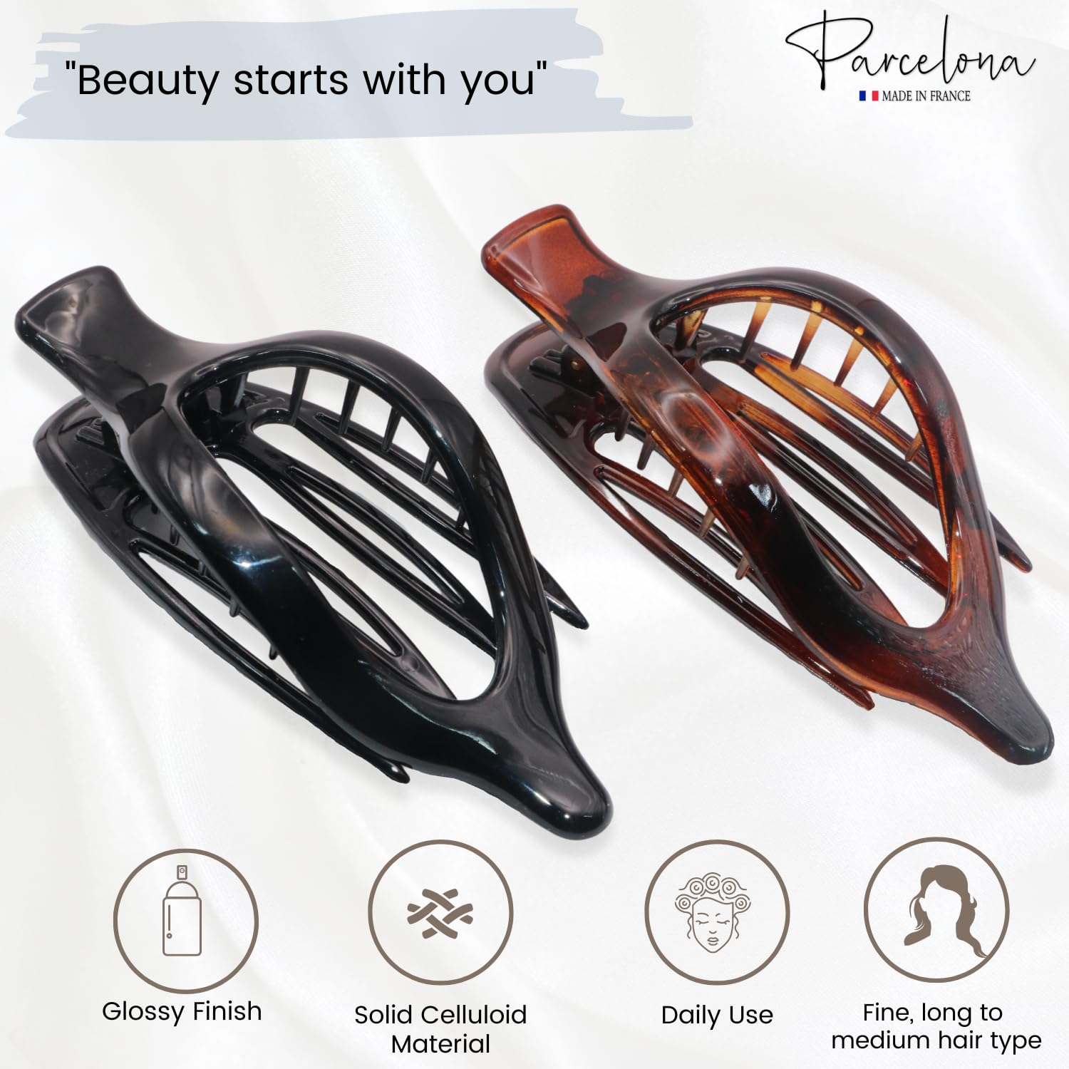 Parcelona French 2 Pcs Shell & Black Large Wide Beak Hair Side Slider Clips