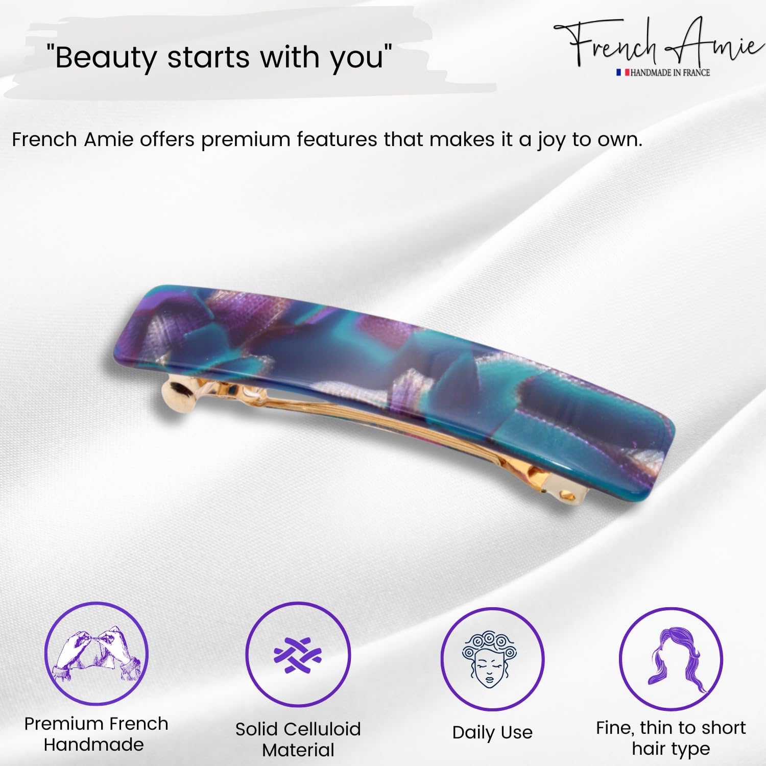 French Amie Small 2 1/4" Cellulose Handmade Hair Barrette for Women and Girls