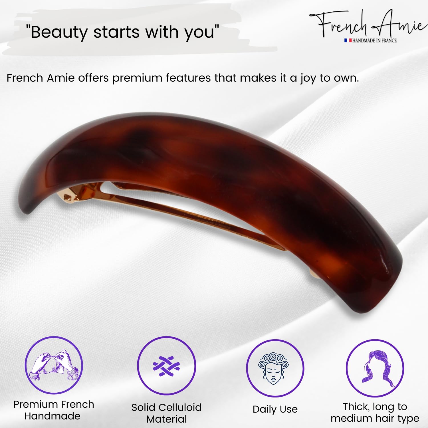 French Amie Curved Oblong Large Cellulose Handmade Hair Barrette for Women