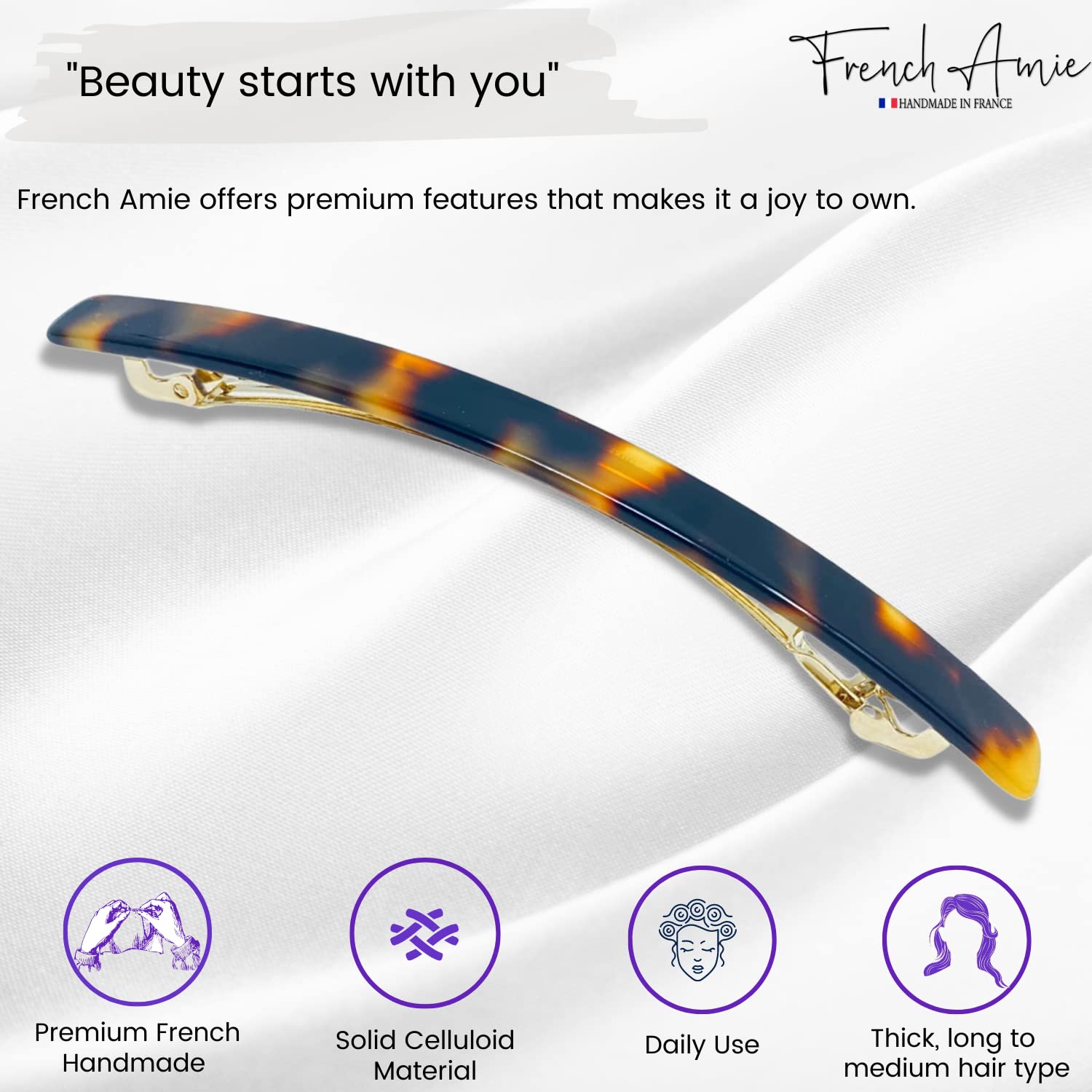 French Amie Long & Skinny Bar Large 4 1/4" Cellulose Acetate Hair Barrette Clip