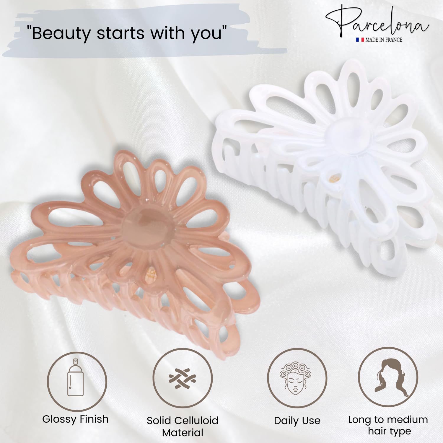 Parcelona French Plume Medium 3" Cellulose Acetate Hair Claw for Women (2 Pcs)