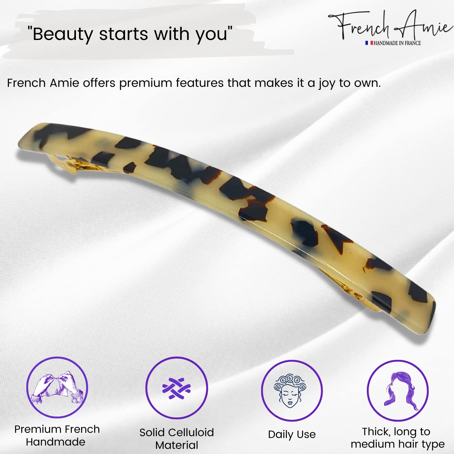 French Amie Long & Skinny Bar Large 4 1/4" Cellulose Acetate Hair Barrette Clip