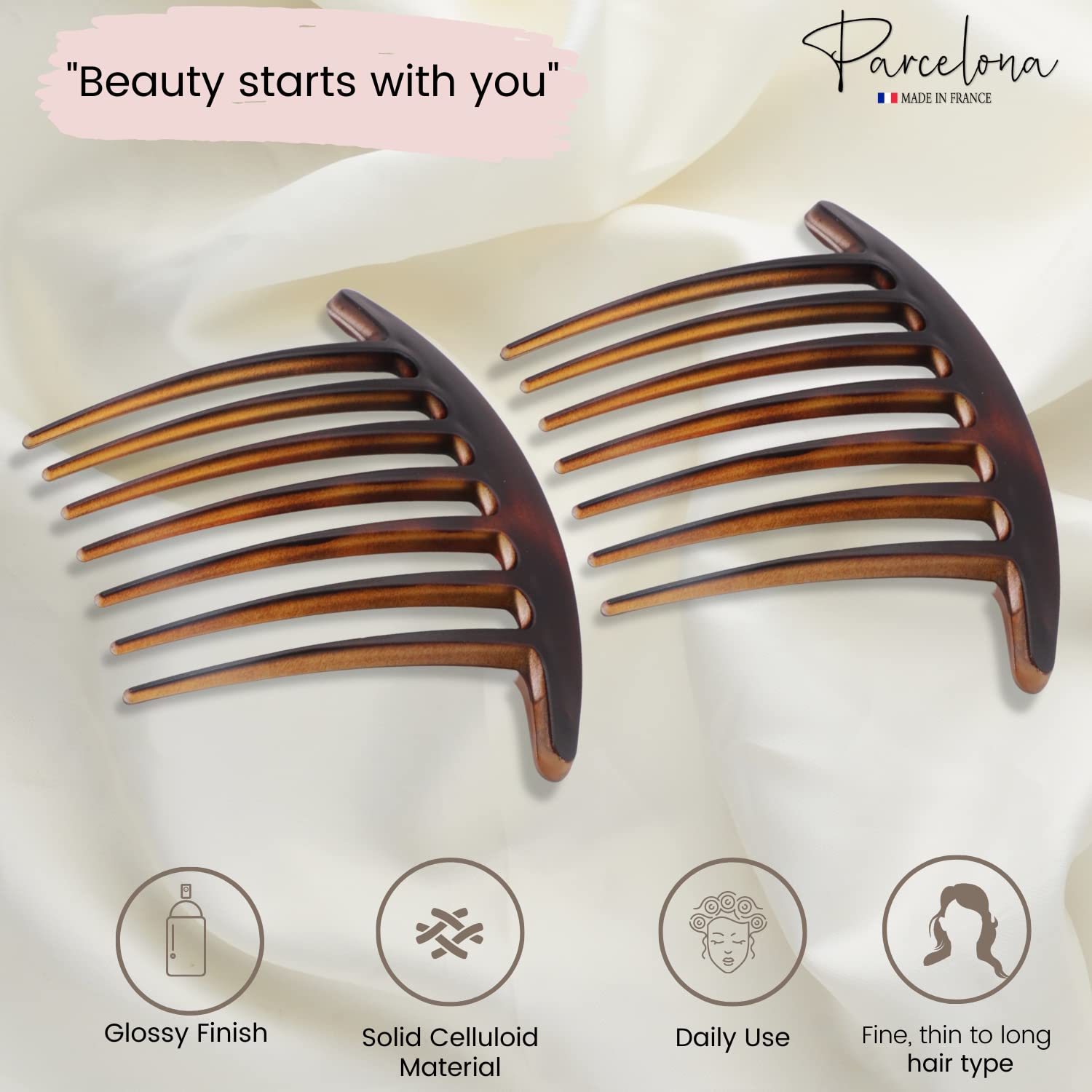 Parcelona French Basic 7 Teeth Large Celluloid Side Hair Combs for Women(2 Pcs)