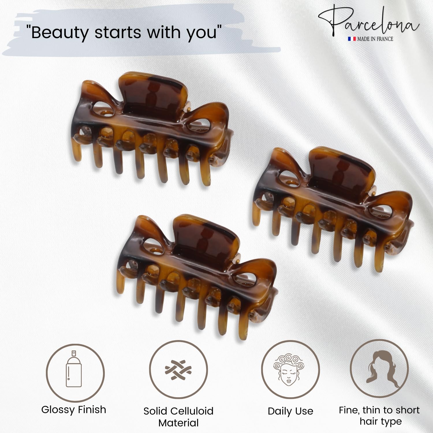 Parcelona French Classic 1.5" Small Celluloid Set of 3 Hair Claws for Women