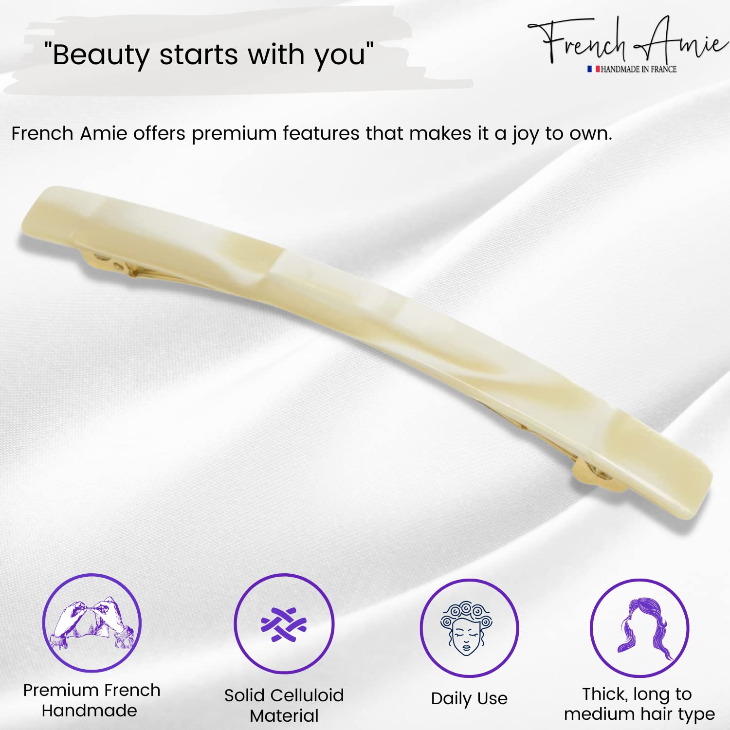 French Amie Long & Skinny Bar Large 4 1/4" Cellulose Acetate Hair Barrette Clip