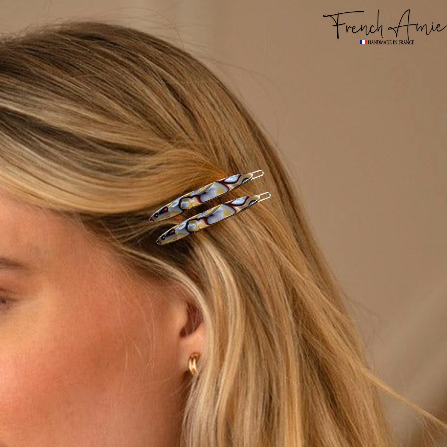 French Amie Narrow Oblong Small Hair Clip - Tige Boule Women Barrette Set Of 2