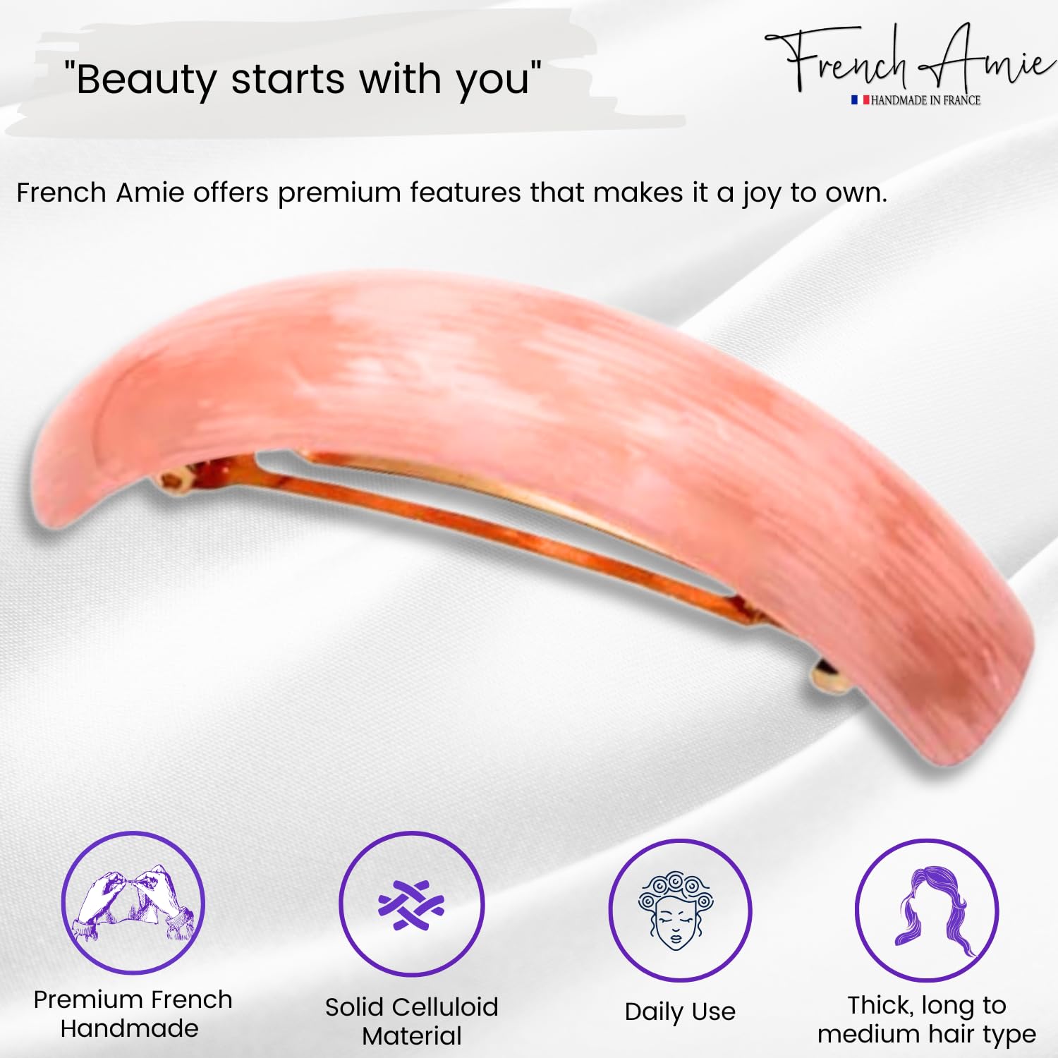 French Amie Curved Oblong Large Cellulose Handmade Hair Barrette for Women