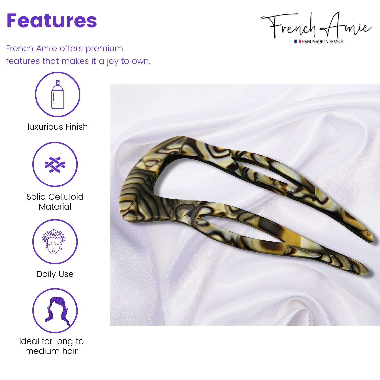 French Amie Elegant Medium Handmade Cellulose Chignon U Hair Pin Stick for Women
