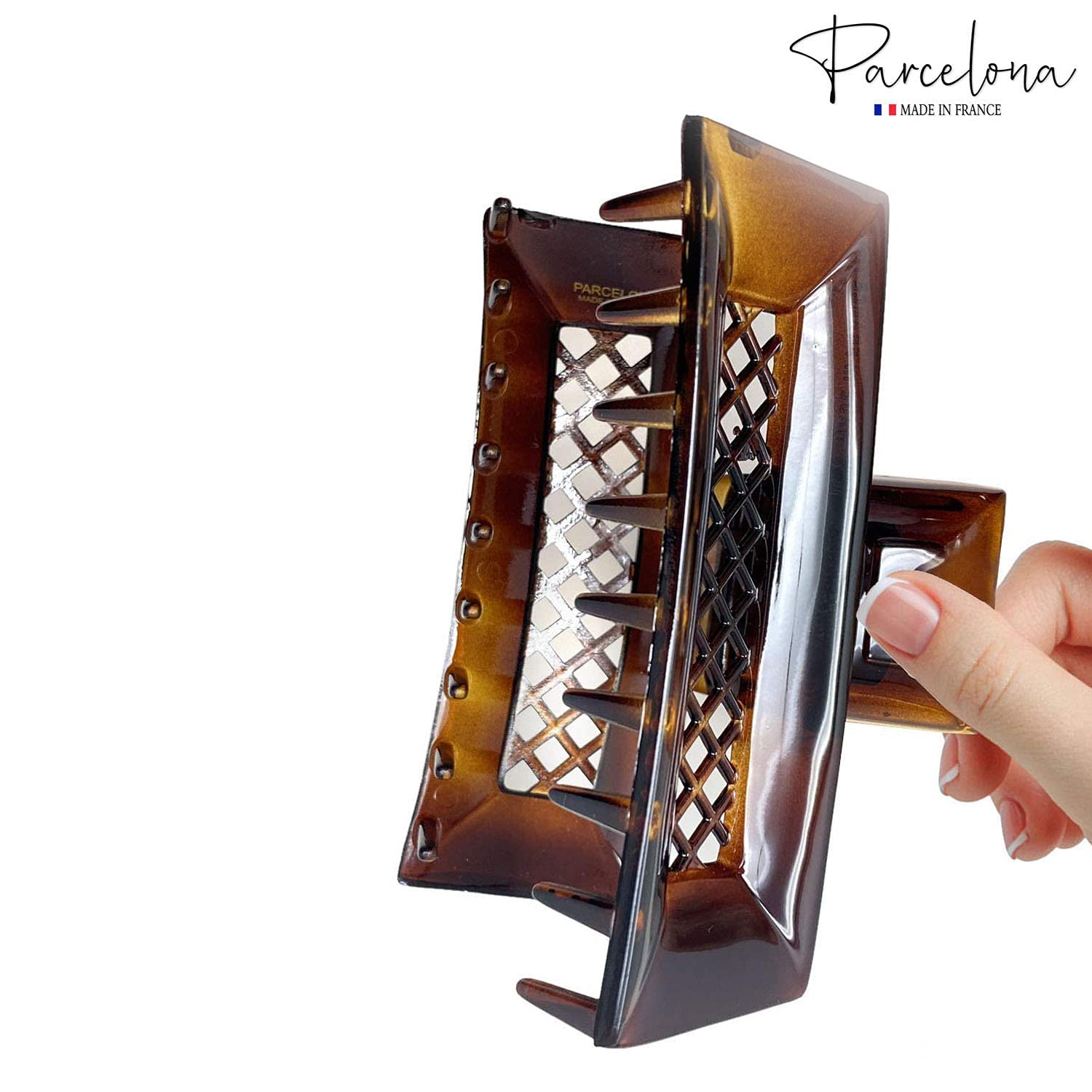 Parcelona French Crisscross Rectangle Brown Medium Cellulose Good Grip Hair Clip