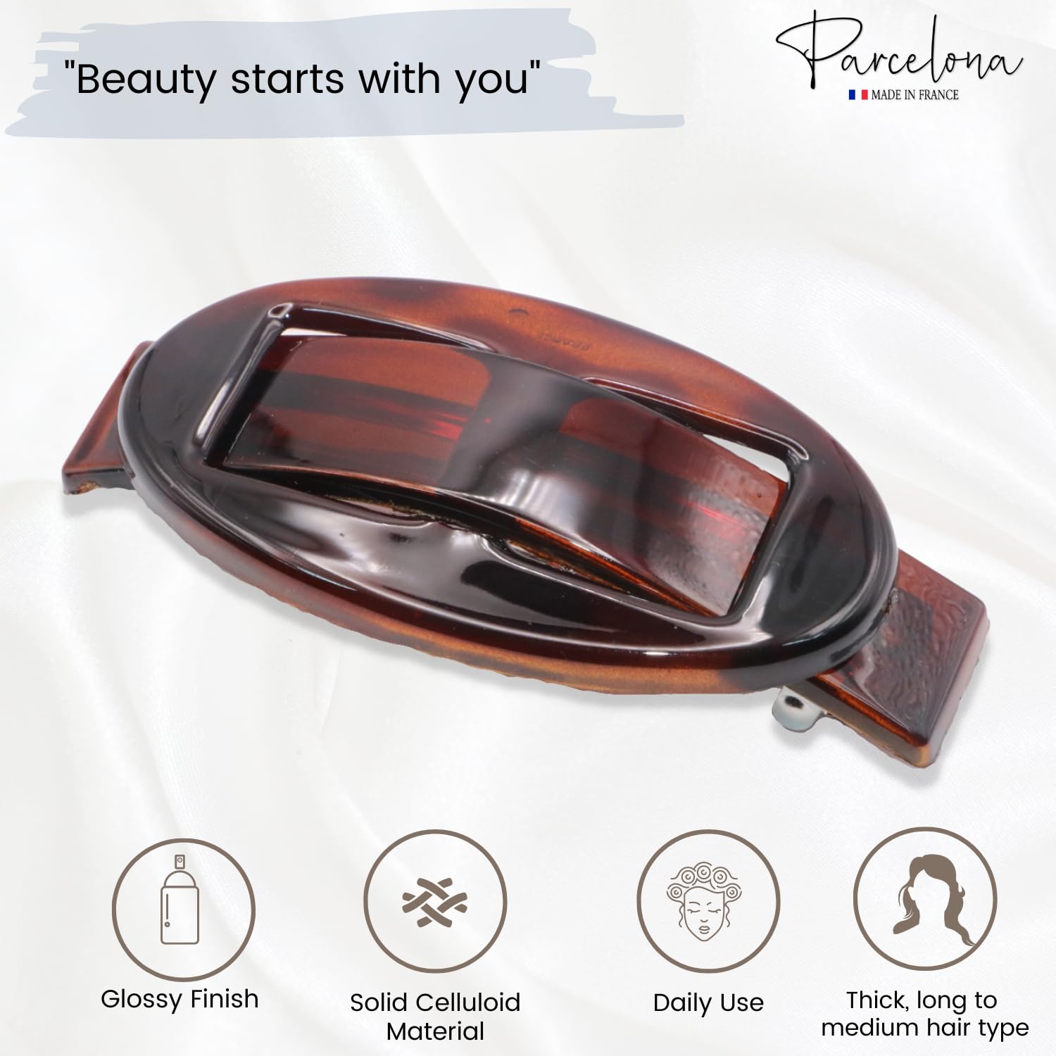 Parcelona French Oval Buckle Shell 3 1/2" Cellulose Hair Barrette Clip for Women