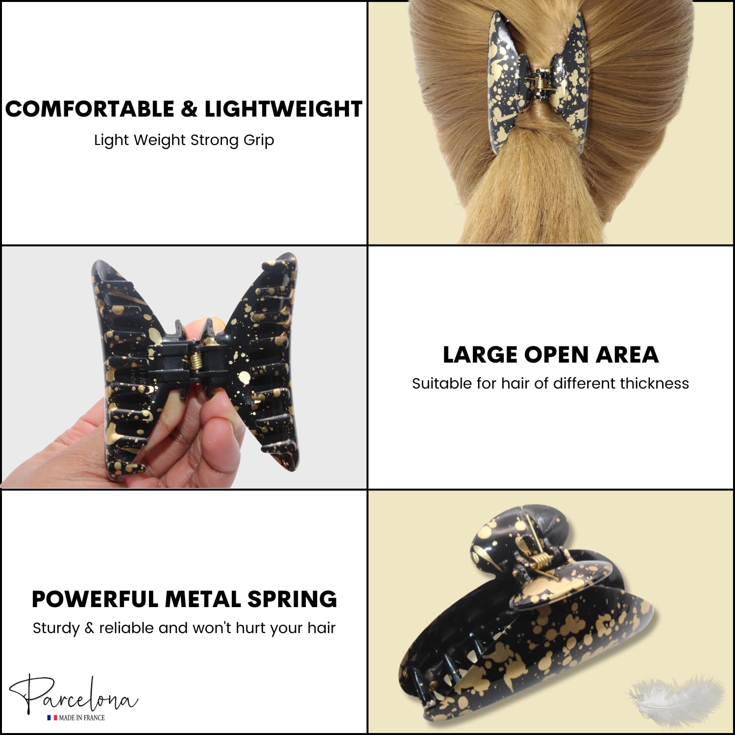 Parcelona French Couture Medium Black N Golden Cellulose Jaw Hair Claw for Women