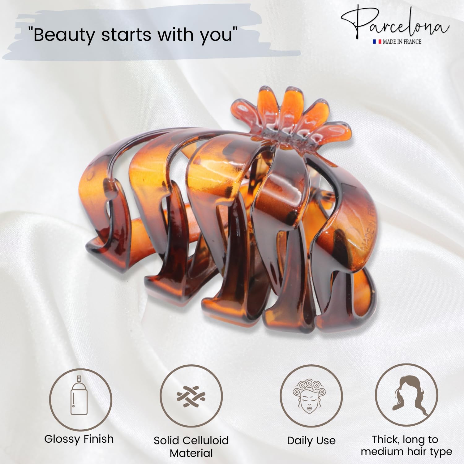 Parcelona French Fleur Medium 3.25" Wide Teeth Cellulose Hair Claw for Women