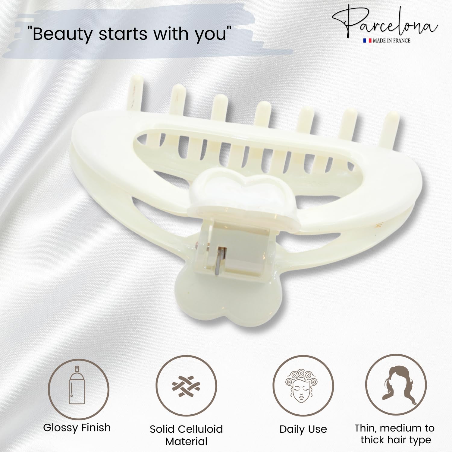 Parcelona French Heart-Shaped Medium Cellulose Hair Claw for Women and Girls