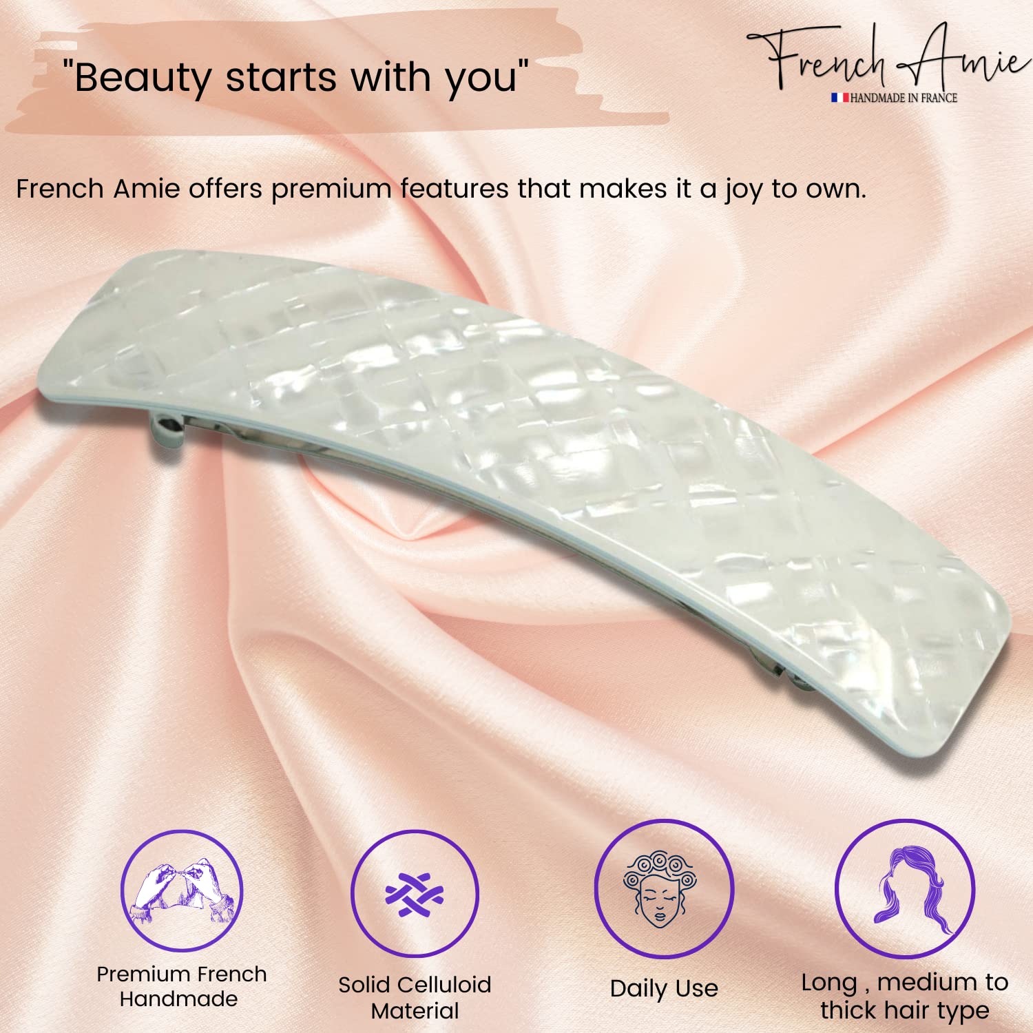 French Amie Long Rectangle Handmade Large Hair Barrette Clip for Women N Girls