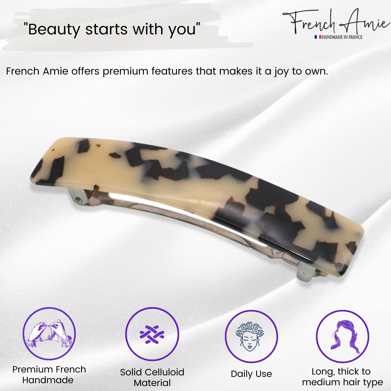 French Amie Oblong 3 1/2" Cellulose Handmade Automatic Hair Barrette for Women