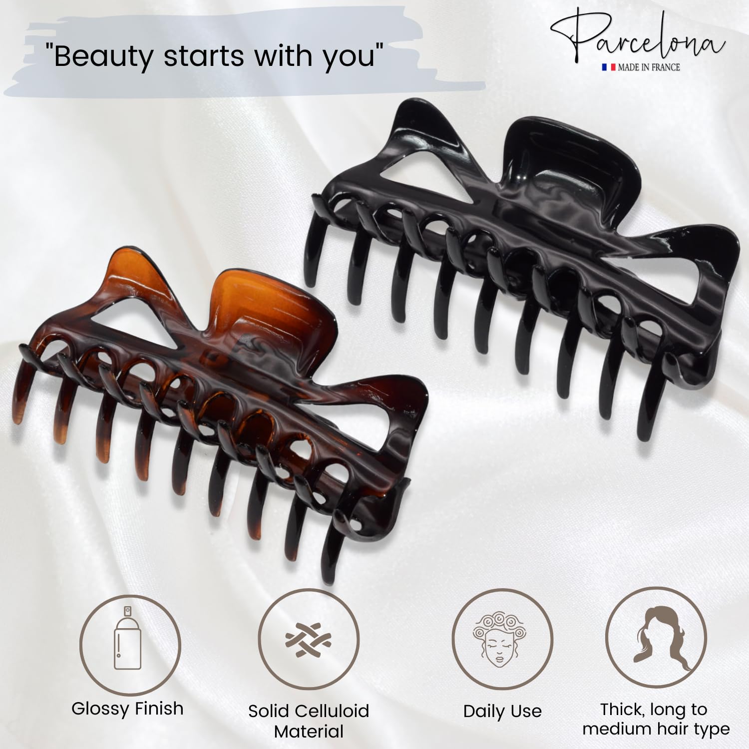 Parcelona French Classic Shell and Black Large Cellulose Jaw Hair Claw(2 Pcs)