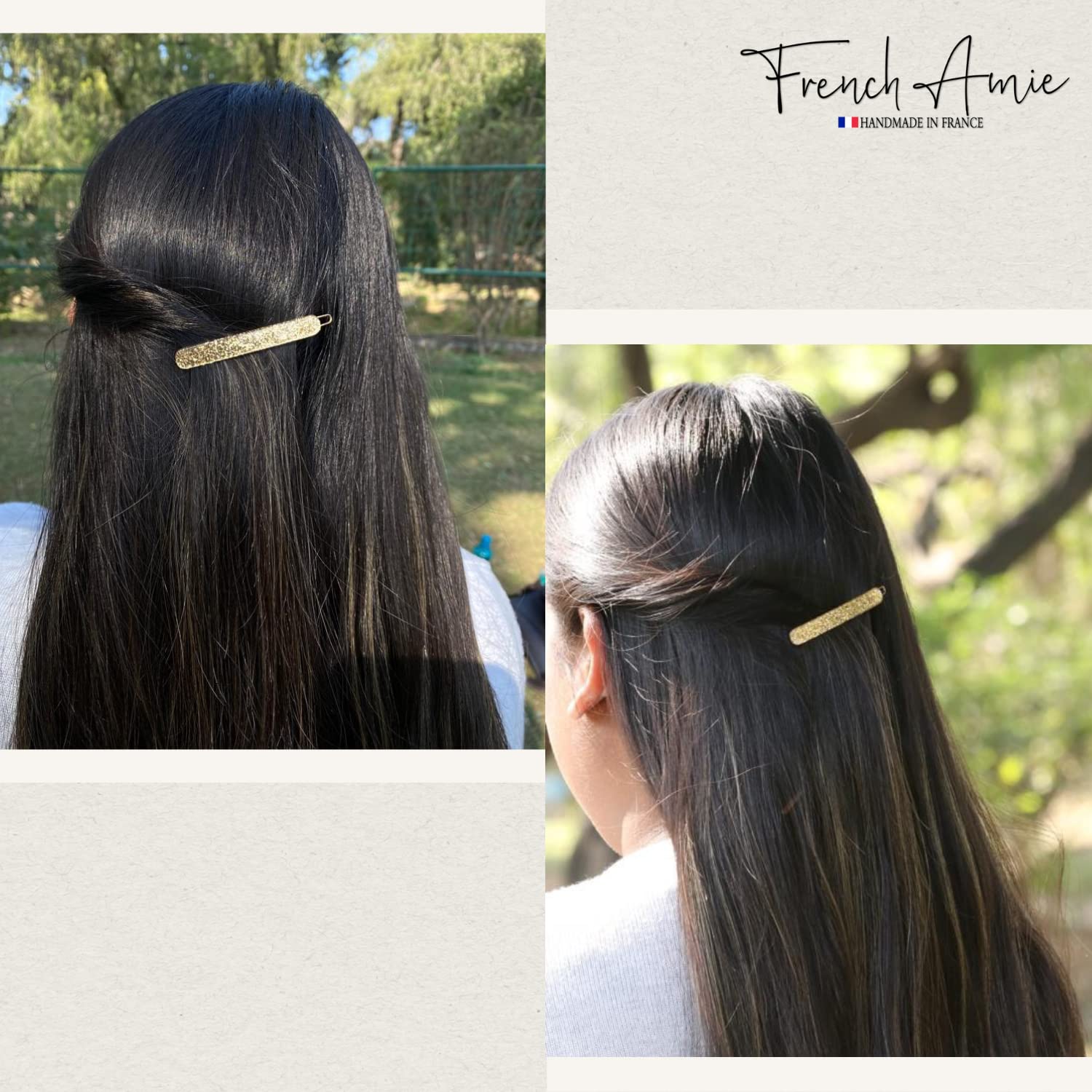 French Amie Rounded Oblong Golden Glitter Small Cellulose Snap Hair Clip 2Pcs