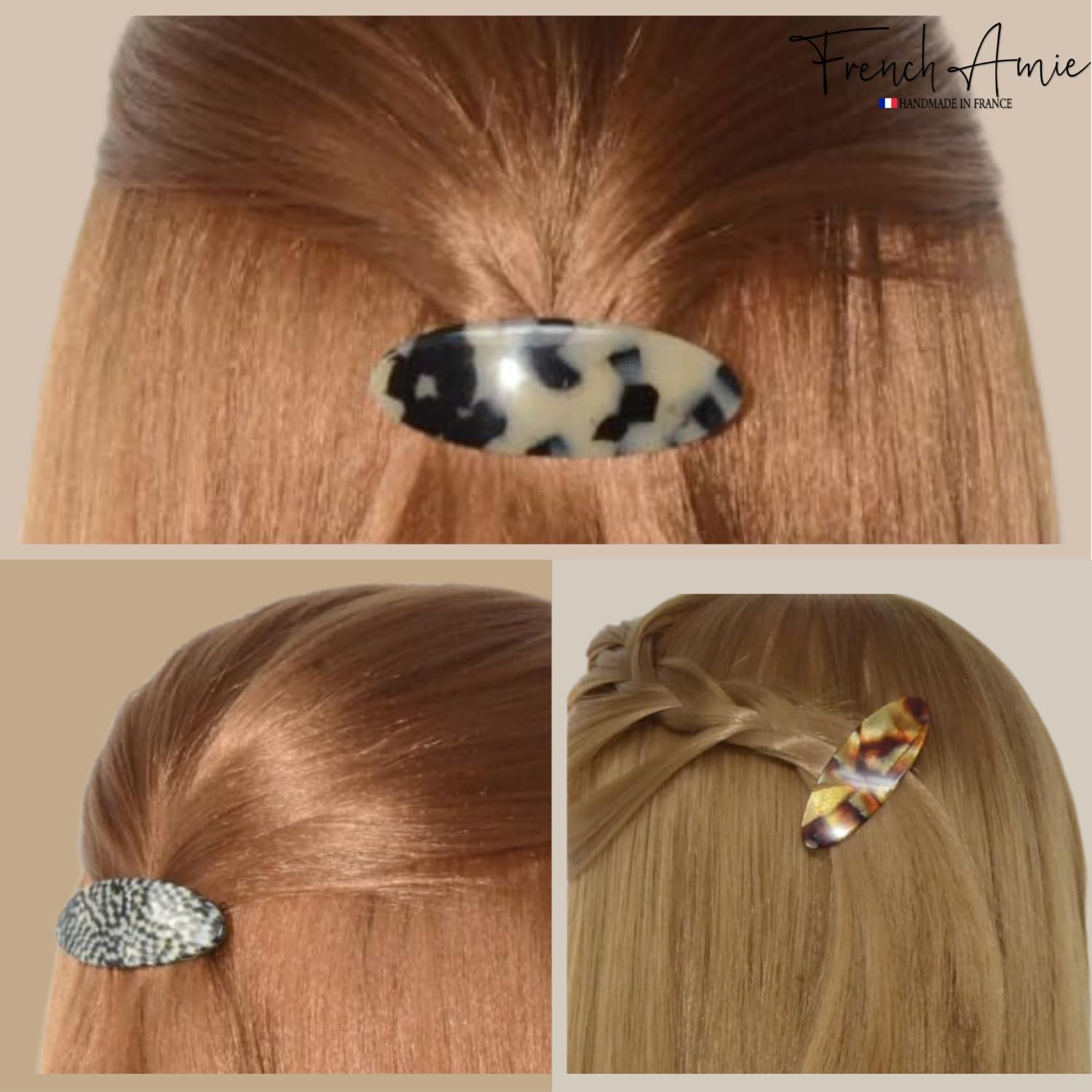 French Amie Oval Small Set of 3 Handmade Celluloid Hair Clip Barrette for Girls