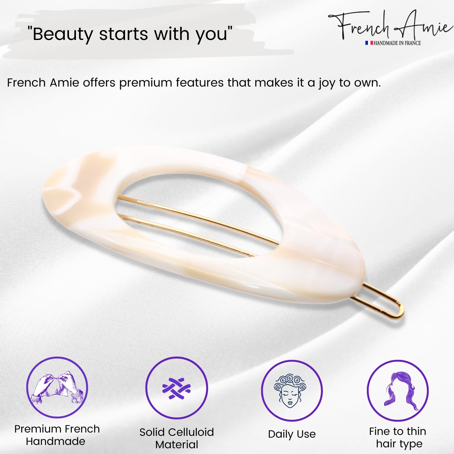 French Amie Oval Small 2 1/4” Cellulose Hair Barrette for Women