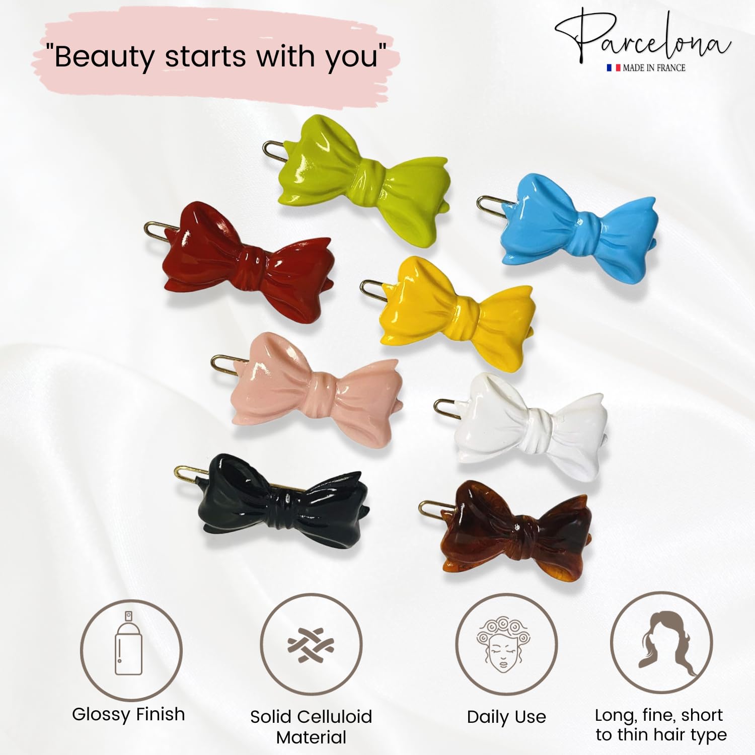 Parcelona French Ribbon Bow Small Cellulose Side Hair Barrettes for Women & Girls